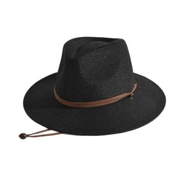 Imagem de FURTALK Chapéus de sol femininos de palha de verão chapéu de praia Panamá Fedora de aba larga com cordão de vento FPS 80+, Preto, G-GG