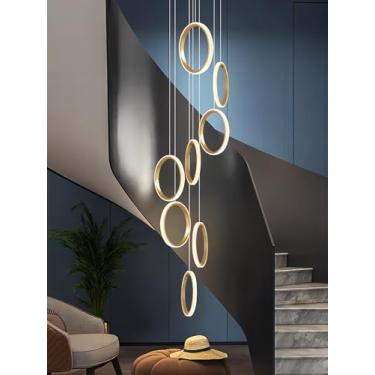 Imagem de Lustre moderno de LED para escada de villa, luminária pendente grande dourada com intensidade regulável, para tetos altos, com controle remoto, ideal para hall de entrada, hotel, sala de est