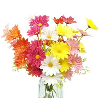 Imagem de FOUSUKA 10 pacotes de margaridas artificiais coloridas de toque real, margaridas falsas, flores falsas com hastes para casa, casamento, centro de mesa, vaso de festa, arranjo floral, decoração DIY
