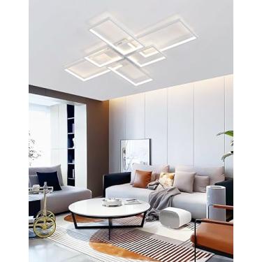 Imagem de Luminária de teto LED moderna, dimerizável com controle remoto, branca, com moldura retangular, iluminação LED de espectro total e alto IRC para sala de estar e hall (B-90cm)