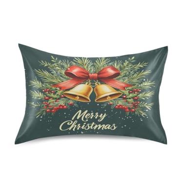 Imagem de SEHANY Fronha de seda verde com sinos de Natal para cabelo e pele, capa de almofada respirável super macia e macia com envelope para casa, quarto, hotel, padrão 50 x 66 cm