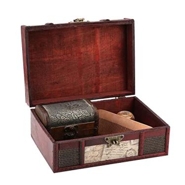 Imagem de Naroote Caixa de Armazenamento de Madeira Vintage, Organizador Ecológico de Tamanho Pequeno para Livros e Joias, Design de Lótus e Carimbo de Estilo Chinês, Material de Madeira (Selos com cadeado)