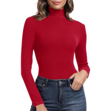 Imagem de Camisa feminina PALINDA com gola alta canelada, manga comprida, vermel