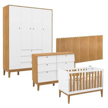 Imagem de Quarto de Bebê Unique 4 Portas com Cômoda 6 Gavetas e Painel Farm Branco Soft Freijó Eco Wood - Matic