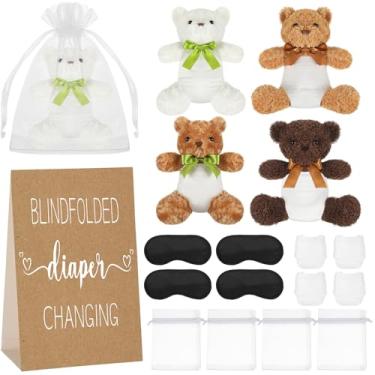 Imagem de Chicingyou Conjunto de 4 jogos de chá de bebê com ursos vendados para troca de fraldas com ursinho de pelúcia, sacos de presente para chá de bebê, sorteio, festa, jogo