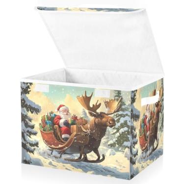 Imagem de Blueangle Cestos de armazenamento de renas de Papai Noel com tampas, 42 x 32 x 30 cm, grande cesta organizadora dobrável para decoração de escritório e armário (235)