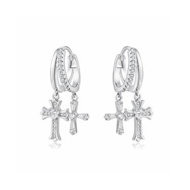 Imagem de Brincos de argola dupla com pingentes de cruz dourado/prata brincos de argola com cruz dupla para mulheres e homens modernos, 10mm Hoop, Latão, Zircônia cúbica