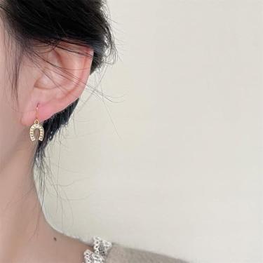 Imagem de Lindo brinco de gota de ferradura para mulheres, banhado a ouro, zircônia cúbica, gancho de zircônia cúbica, cristal cintilante, em forma de U, joias exclusivas para formatura