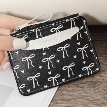 Imagem de Carteira feminina fina com zíper – Porta-cartões em forma de coração rosa com laço, estojo de cartão compacto e portátil organizador de cartões para mulheres, Preto, Carteira