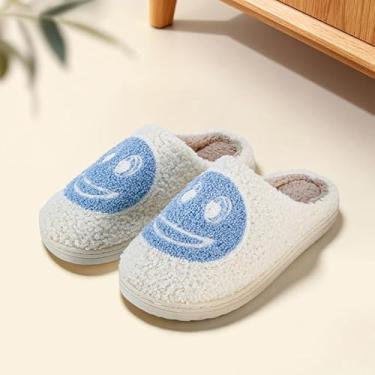 Imagem de Chinelos Smile Face para mulheres e homens, retrô, macio, quente, casal, estilo casal, antiderrapante, antiderrapante, forrado com lã, sapatos para casa, para uso interno e externo, Branco, azul, 11