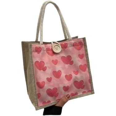 Imagem de Bolsa de mão Love Heart com zíper portátil com botões e flores de linho para mamãe bolsa organizadora de linho feminina (estilo D)