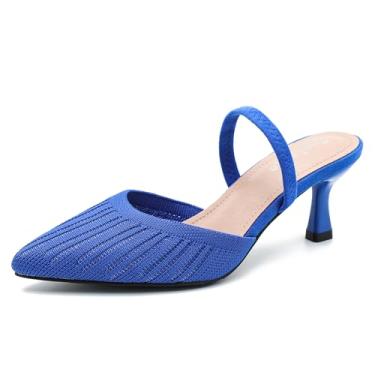 Imagem de Enelauge Sapato feminino de malha com salto baixo gatinho com tira elástica no tornozelo, bico fechado, slingback confortável, vestido de casamento, Azul royal, 35
