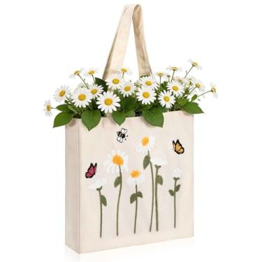 Imagem de Sadnyy Sacola de lona bordada para mulheres, margarida, reutilizável, lona, de algodão, com alça para compras, supermercado, livro, presente, academia, decoração de primavera