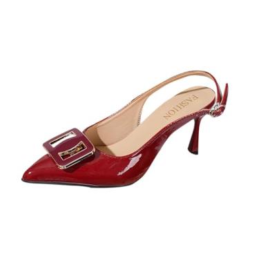 Imagem de Sandálias de salto fino para mulheres, design casual com fivela quadrada com costas abertas e bico fino, Vinho vinho, 34
