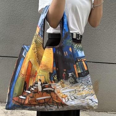 Imagem de Bolsa de nylon de grande capacidade, design de pintura a óleo dobrável portátil, bolsa de ombro leve para deslocamento diário, lavável na máquina