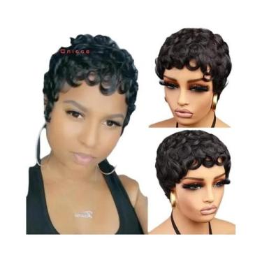 Imagem de Peruca Pixie Cacheada Preta Para Mulheres, Cabelo Humano Remy Brasilei