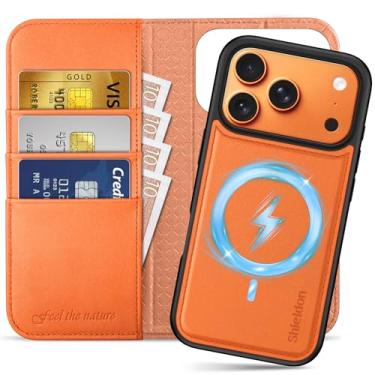 Imagem de SHIELDON Capa carteira 2 em 1 para iPhone 17 Pro de 6,3 polegadas | couro legítimo, carregamento sem fio, compartimento para cartão de crédito com bloqueio RFID, fecho magnético fólio, capa de