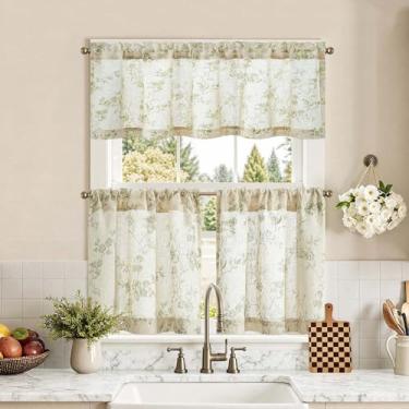 Imagem de jinchan Conjunto de cortinas florais de cozinha de 61 cm de comprimento para casa de fazenda, café, conjunto de cortinas e saia para sala de estar, banheiro, janela pequena, tratamentos de varão