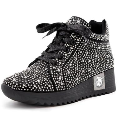 Imagem de FINDVELL Tênis feminino moderno com glitter, plataforma, plataforma, strass brilhante, cano alto, sapatos modernos de lantejoulas, vestido de noiva, Preto, 38
