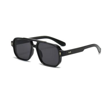 Imagem de OZPYKAE Óculos de sol masculinos quadrados, retrô, proteção UV400, ponte dupla, moderno, retangular, aviador, óculos de sol, Preto, tamanho �nico