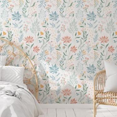 Imagem de WENMER Papel de parede floral, papel de parede floral boêmio, à prova d'água, papel de parede removível autoadesivo de flores silvestres moderno para sala de estar, quarto, banheiro, berçário
