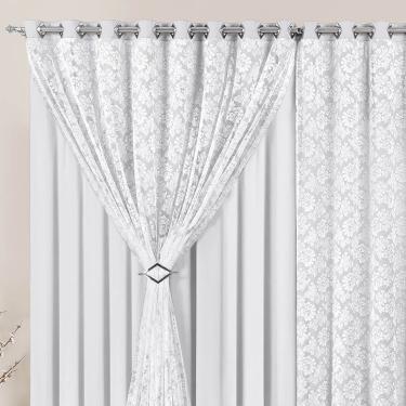 Imagem de Cortina Yasmin 4 Metros Branca Tecido Malha Com Renda Floral Sala ou Quarto