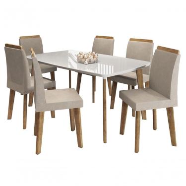 Imagem de Mesa De Jantar Jade Com 6 Cadeiras Diamante Pés Oblongo Off White Com Pena Caramelo - Rv Moveis