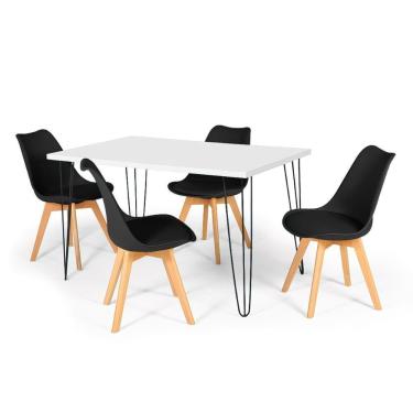 Imagem de Conjunto Mesa De Jantar Hairpin 130x80 Branca Com 4 Cadeiras Eiffel Leda - Preto