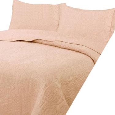 Imagem de Cobre Leito Colcha Casal Queen Pratika Dupla Face 03 Peças - Coral - 100% Poliéster