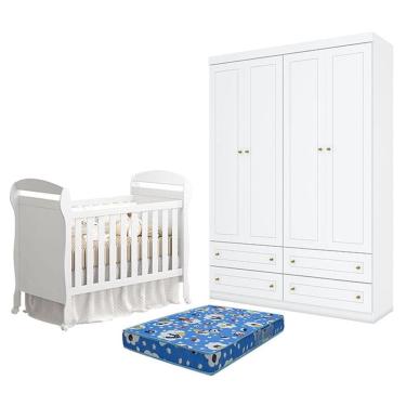 Imagem de Berço Americano Danny Branco Acetinado Reller e Guarda Roupa Infantil 4 Portas Americano Branco HP e Colchão Ortobom - Henn.