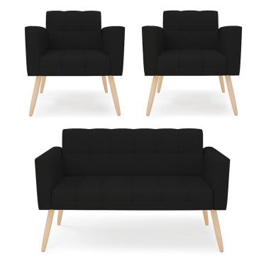 Imagem de Kit 1 Sofá Namoradeira e 2 Poltronas Elisa Linho Preto A79 Pés Palito Natural D03 - D'Rossi