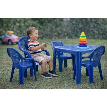 Imagem de Kit 1 Mesa e 4 Cadeiras Infantil Azul Perfeita Para Crianças Brincar, 