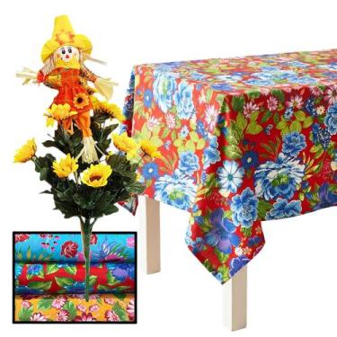Imagem de Kit Decoração Festa Junina: 3 Toalhas Mesa Chita + 1 Buquê Girassol + 