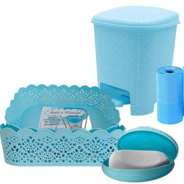 Imagem de Lixeira Infantil Bebe 6L Rattan Com Cesta e Saboneteira Azul - Mormino