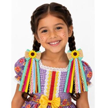 Imagem de Par Presilhas Laço Xadrez Festa Junina Pipoca Girassol Com Fitas Color