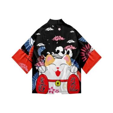 Imagem de Kimono Haori Unissex Japonês Sakura Cat Samurai Cardigan Solto De Mang