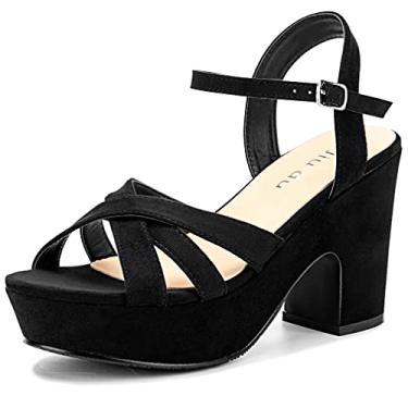 Imagem de Sandália plataforma plataforma plataforma feminina Peep bico redondo salto grosso sapatos de salto, Black Velvet, 8