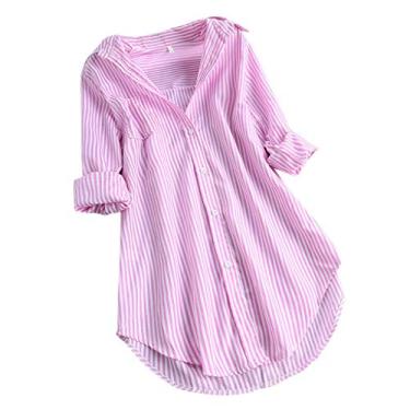 Imagem de Blusa moderna feminina manga 3/4 gola V botão túnica ponto suíço feminina lisa acabamento de renda solta, M-5GG, 008 - Rosa, XX-Large