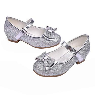 Imagem de Sapato feminino Mary Jane com glitter, salto baixo, princesa, flor, vestido de festa, sapato para crianças pequenas, T08-silver, 12 Little Kid