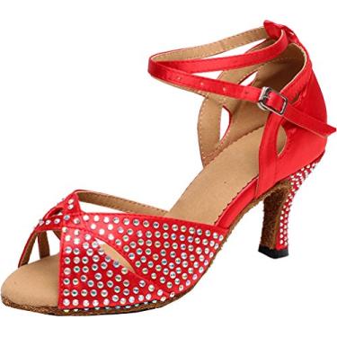 Imagem de Salabobo QQQ-6191 sapato feminino de dança tango peep toe salto médio cetim strass, Vermelho, 7.5