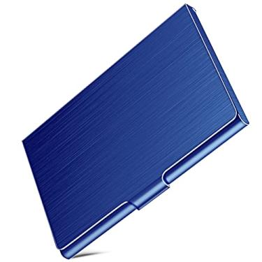 Imagem de DMFLY Suporte para cartão de visita, capa fina para cartão de visita para homens e mulheres, capa de cartão de metal com bolso, porta-cartões profissionais de aço inoxidável, porta-cartão com nome da bolsa, fecho estilo fivela, azul