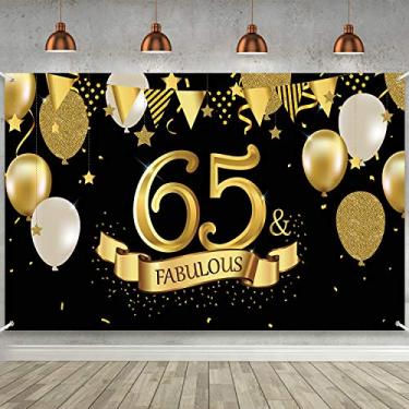 Imagem de Pôster de placa de 65 anos em ouro preto para decoração de festa, grande tecido em ouro preto para 65º aniversário de casamento, 65º aniversário, fornecimento de fotos, banner de fundo, banner de cenário de festa de aniversário 72,8 x 43,3 polegadas