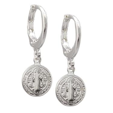 Imagem de Brinco Folheado a Prata Medalha Religiosa de São Bento - Semijoia