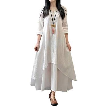 Imagem de WSLCN Vestido Feminino de Algodão e Linho Irregular Manga Longa Camisa Blusa longa Longa Casual Solto Plus Size XL Branco