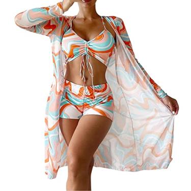 Imagem de Biquíni de cintura alta 2022 sexy conjunto de biquíni de 3 peças saída de praia para mulheres manga comprida push up júnior trajes de banho, H, M