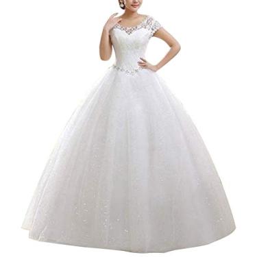 Imagem de Elegante corpete de renda de manga curta com contas e comprimento até o chão vestido de noiva vestido de baile – Tamanho (branco)