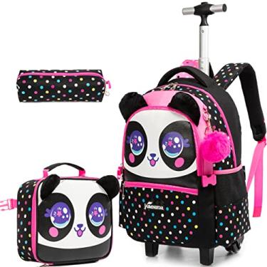 Imagem de Mochila com rodinhas MYHSBYO para meninas, mochila infantil com rodas Conjunto de mochila com rodas para alunos do ensino fundamental, bagagem de mão, mochila com rolo panda
