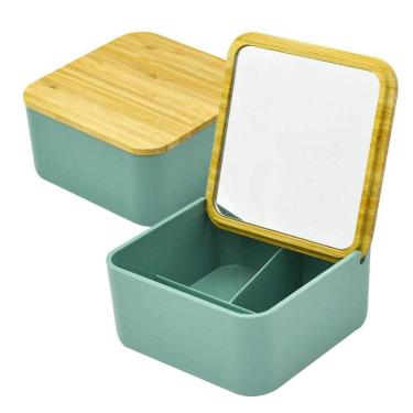 Imagem de Caixa Porta Objetos Joias Brincos Anéis Com Espelho Bambu