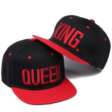 Imagem de BAOZOON 2 peças de chapéus King Queen combinando snapback hip hop boné bordado para casais bonés de beisebol ajustável boné plano unissex, Vermelho, Tamanho Único