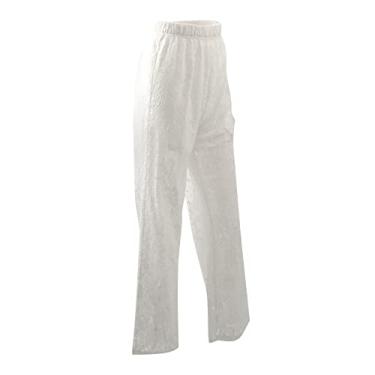 Imagem de Calça feminina flare plus size cintura alta jeans verão algodão calça social solta, Branco, P